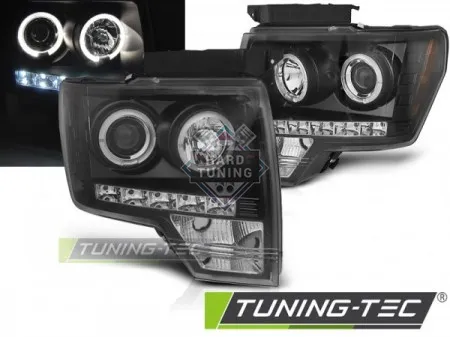 Передние фары Ford F-150 MK12 (2008-2014) Angel Eyes черные