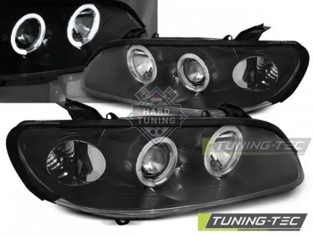 Передние фары Opel Omega B (1994-1999) Angel Eyes черные
