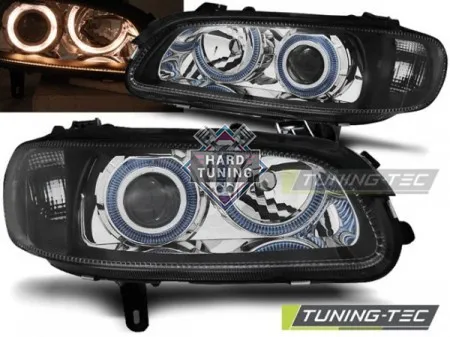 Передние фары Opel Omega B (1994-1999) Angel Eyes черные