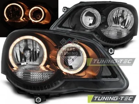 Передние фары Volkswagen Polo 4 (2005-2009) Angel Eyes черные
