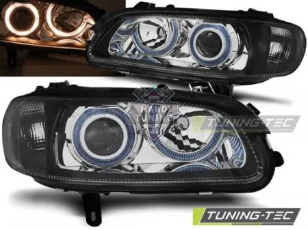 Передние фары Opel Omega B (1994-1999) Angel Eyes черные