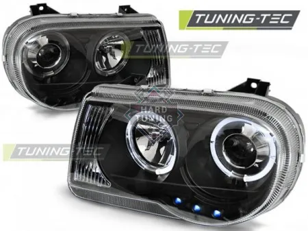 Передние фары Chrysler 300C (2005-2010) Angel Eyes черные