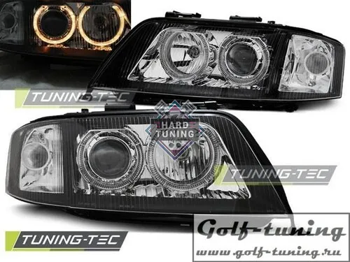 Передние фары Audi A6 С5 2001-2004 Angel Eyes черные