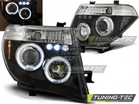 Передние фары Nissan Navara D40 / Pathfinder (2005-2010) Angel Eyes черные