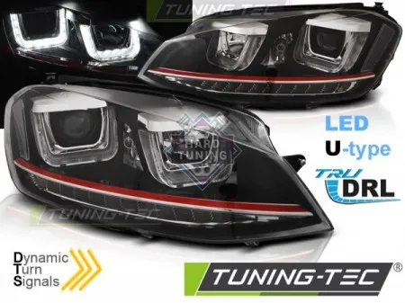 Передние фары Volkswagen Golf 7 (2012-2017) U-LED Light DRL Red Line SEQ черные