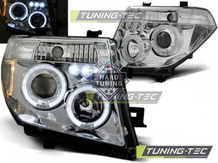 Передние фары Nissan Navara D40 / Pathfinder (2005-2010) Angel Eyes хром