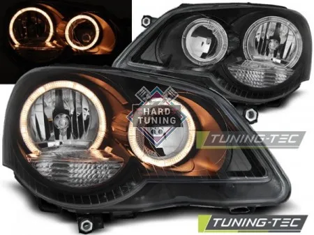 Передние фары Volkswagen Polo 4 (2005-2009) Angel Eyes черные