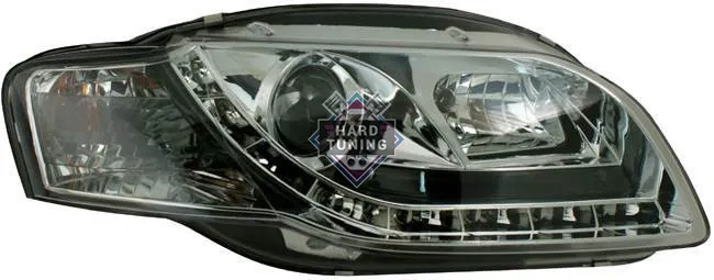 Для Audi A4/B7 (2005-) (Ауди А4/В7) Тюнинг комплект передней оптики. Хром, линзованная, с диодной габаритной полосой. Devil Eyes.