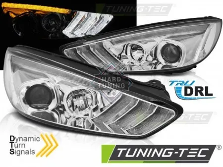 Передние фары Ford Focus 3 (2015- 2018) DRL LED SEQ Indicator хром