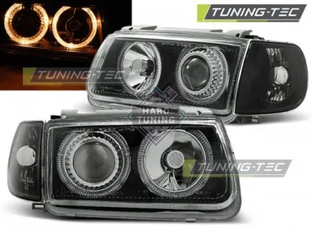 Передние фары Volkswagen Polo 3 (1994-1999) Angel Eyes черные