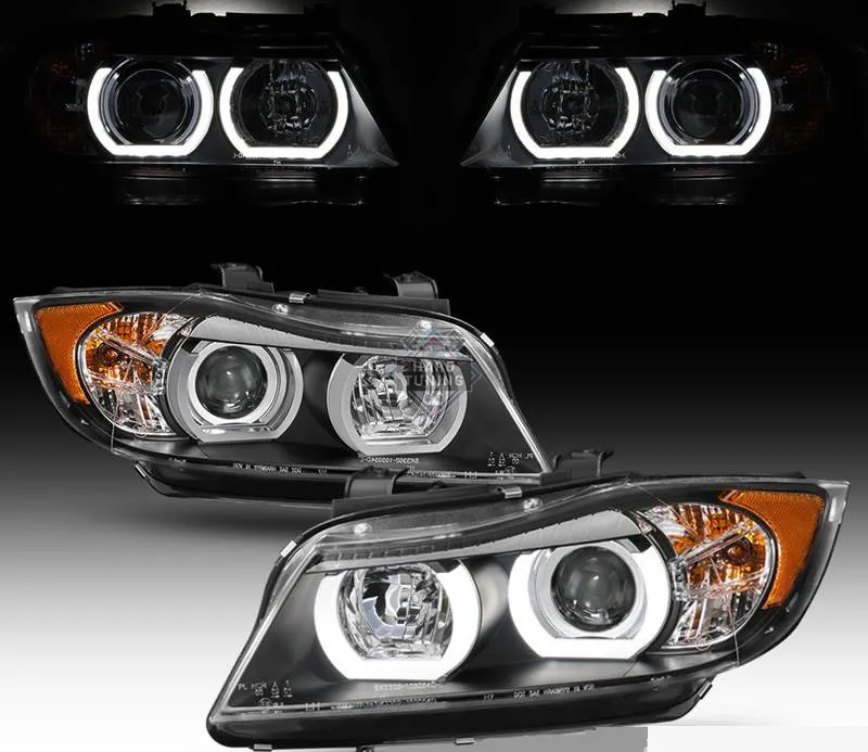Фары для БМВ Е90 (BMW E90), 2005-2008г, черные, ангельские глазки нового образца 3D-Style.