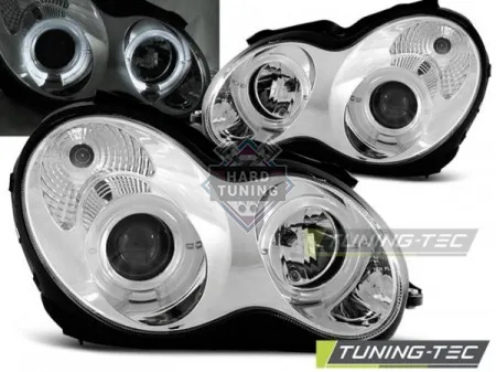 Передние фары Mercedes W203 C-Class (2000-2004) Angel Eyes хром