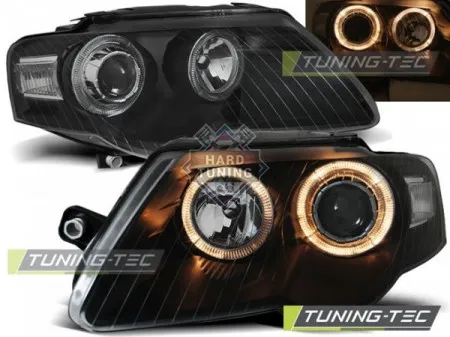 Передние фары Volkswagen Passat B6 3C (2005-2010) Angel Eyes черные