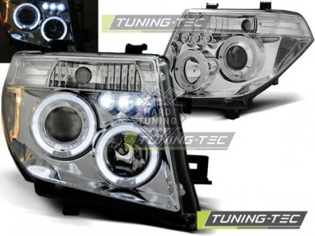Передние фары Nissan Navara D40 / Pathfinder (2005-2010) Angel Eyes хром