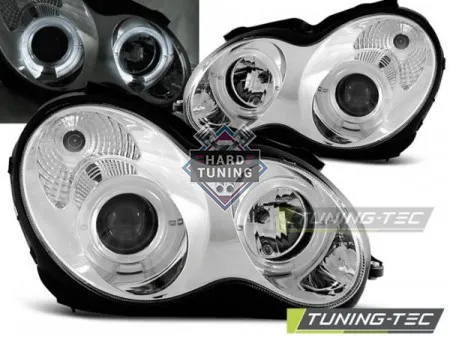 Передние фары Mercedes W203 C-Class (2000-2004) Angel Eyes хром