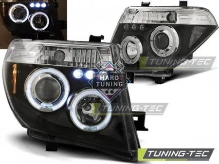 Передние фары Nissan Navara D40 / Pathfinder (2005-2010) Angel Eyes черные