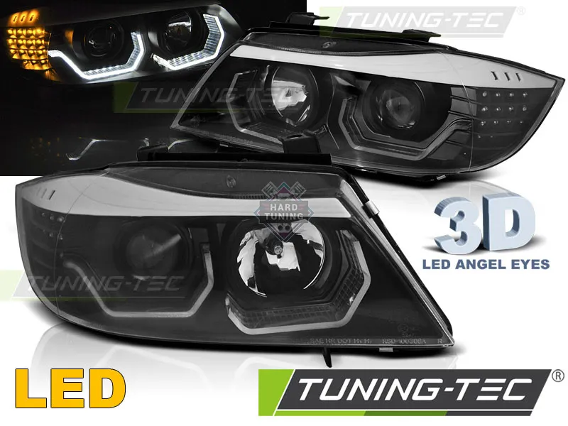 Передние фары BMW E90/E91 (2005-2008) HEADLIGHTS ANGEL EYES LED 3D fits черные