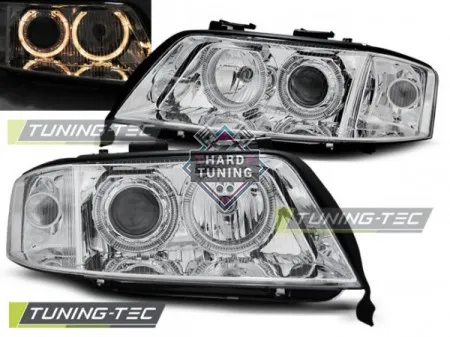 Передние фары Audi A6 С5 2001-2004 Angel Eyes хром