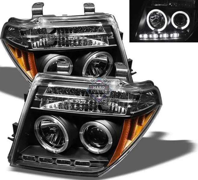 Фары для Nissan Pathfinder, Nissan Frontier 2005-2010, черные, ангельские глазки с диодным габаритом.