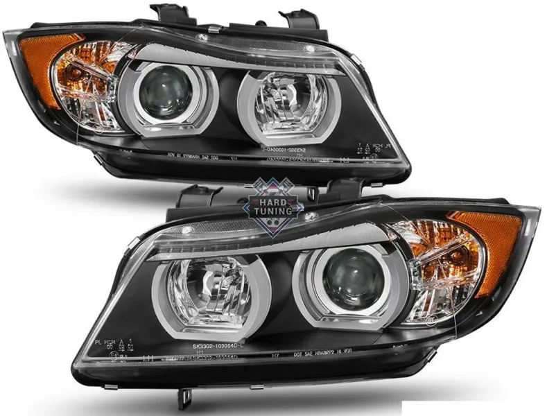 Фары для БМВ Е90 (BMW E90), 2005-2008г, черные, ангельские глазки нового образца 3D-Style.